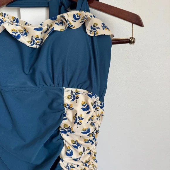 Matilda Jane Blue & Yellow Floral Ruched 'Bathing Beauty' One-Piece Swimsuit L - Picture 2 of 9
